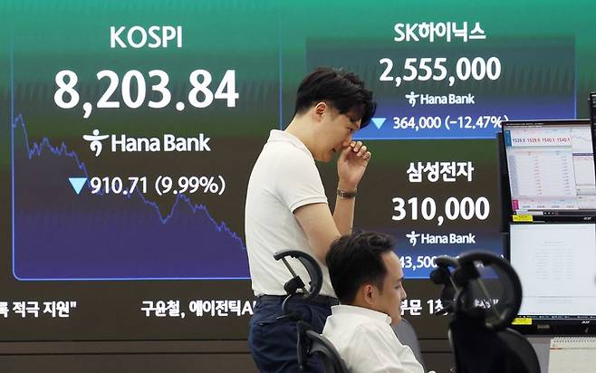 코스피가 10% 급락하며 8200선에서 마감한 23일 서울 중구 하나은행 딜링룸에서 딜러들이 업무를 보고 있다. 뉴시스