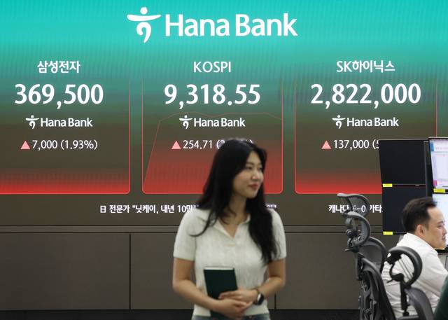 지난 19일 서울 중구 하나은행 딜링룸 현황판에 코스피, SK하이닉스와 삼성전자 주가가 표시돼 있다. 연합뉴스