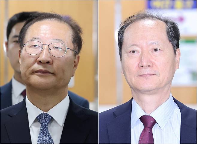 12·3 비상계엄 사태에 가담하고 김건희씨의 수사 관련 청탁을 들어준 혐의로 기소된 박성재 전 법무부 장관(왼쪽)과 국회증언감정법 위반 혐의로 기소된 이완규 전 법제처장이 6월22일 서울중앙지법에서 열린 1심 선고 공판에 각각 출석하고 있다. ⓒ연합뉴스