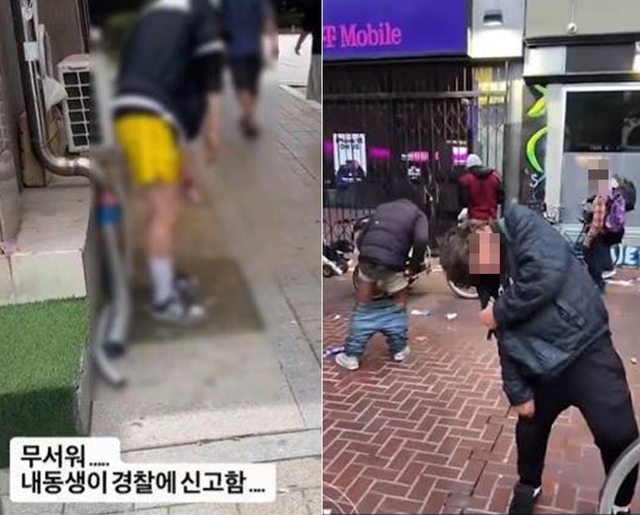 지난 6월 21일 경기 수원시 권선구 한 아파트단지 버스정류장 인근에서 30대 남성 A씨가 마약 투약이 의심되는 자세로 고개를 떨군 채 한참을 서 있는 모습을 목격자가 찍은 영상(왼쪽). 오른쪽은 미국 샌프란시스코에서 펜타닐 마약 과다복용자들이 좀비처럼 거리를 매회하는 모습으로 해외 소셜미디어에서 확산된 영상 일부. [인스타그램 등 캡처 갈무리]