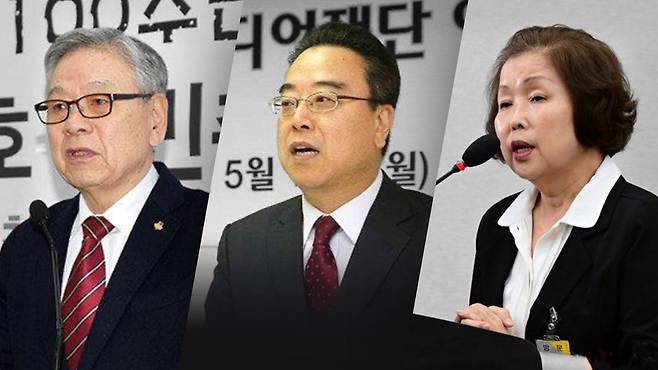 왼쪽부터 이석복 자유민주당 고문, 이석우 사무총장, 손효숙 리박스쿨 대표.