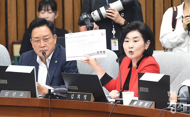 국민의 힘 김희정 위원이 25일 국회에서 열린 국무총리 임명동의안 심사를 위한 인사청문회에서 한성숙 국무총리 후보자에게 질의에 앞서 의사진행 발언을 하고 있다. / 이호형 기자 leemario@sporbiz.co.kr 2026.06.25