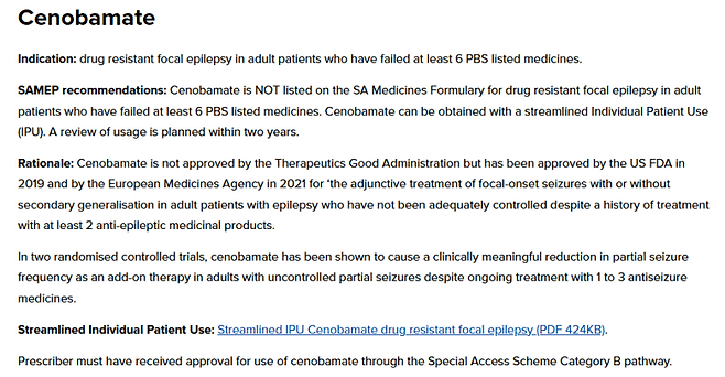 남호주 보건당국 사이트 '고가 의약품 심사 완료 목록(Completed high cost medicine reviews)'에 세노바메이트가 등재돼있는 모습. 사용 대상 환자와 사용 가능 근거, 사용 방법(절차) 등이 기재돼 있다. (출처= 남호주 보건당국)