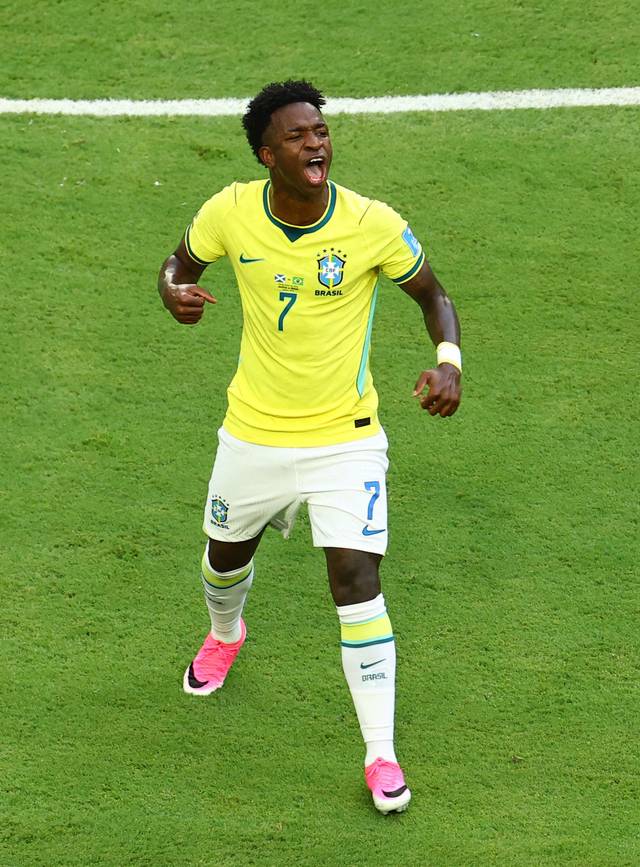 스코틀랜드와의 2026 북중미월드컵 조별리그 3차전에서 선제골을 넣고 포효하는 브라질의 비니시우스 주니오르.   로이터연합뉴스