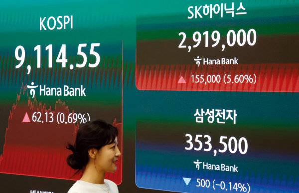 6월 22일 서울 중구 하나은행 본점 딜링룸 전광판에 코스피와 삼성전자, SK하이닉스 주가가 표시돼 있다. 이날 코스피는 종가 기준 사상 최고치를 기록했다. 동아DB