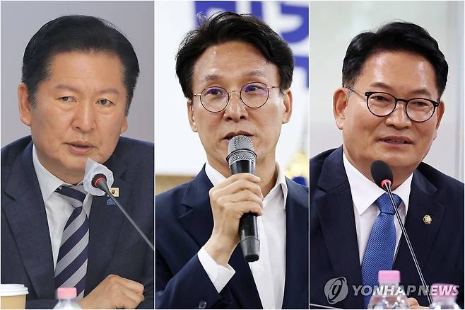 정청래·김민석·송영길 정청래 전 더불어민주당 대표(왼쪽부터), 김민석 국무총리, 송영길 전 더불어민주당 대표 [촬영 류영석 정다움 이동해]