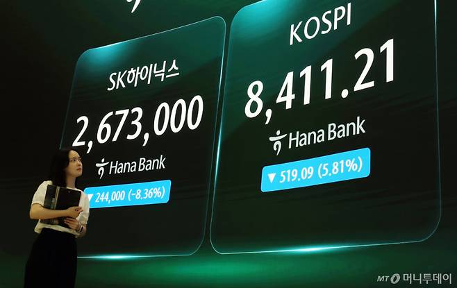 26일 오후 서울 중구 하나은행 본점 딜링룸에 종가와 SK 하이닉스 주가가 표시되고 있다.   이날 코스피는 전일 종가와 비교해 519.09포인트(5.81%) 하락한 8411.21로 장을 마감했다. 2026.6.26/사진=뉴스1