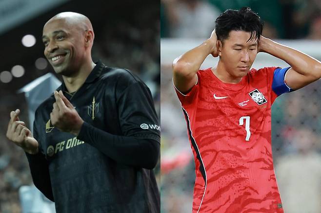 프랑스 축구의 전설 티에리 앙리가 2026 국제축구연맹(FIFA) 북중미 월드컵에서 남아프리카공화국(남아공)에 충격적인 패배를 당한 홍명보호를 향해 강도 높은 비판을 쏟아냈다. 특히 주장 손흥민을 선발 명단에서 제외한 홍명보 감독의 선택을 "이해하기 어려운 결정"이라고 지적했다. 사진은 왼쪽부터 프랑스 축구 전설 티에리 앙리, 대표팀 주장 손흥민. /사진=앙리 인스타그램 캡처, 뉴스1