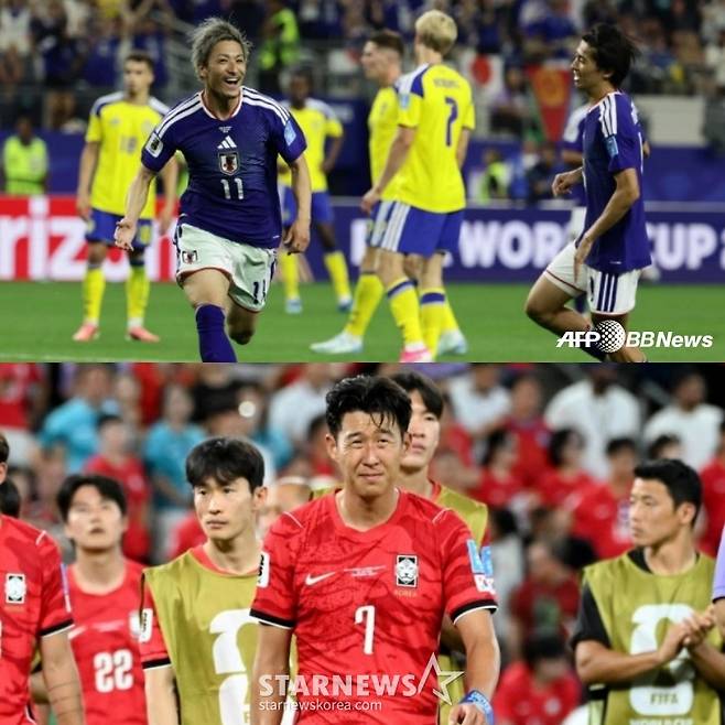 2026 북중미월드컵에서 골을 넣고 환호하는 일본 대표팀(위쪽)과 남아공전 패배로 울상이 된 한국 대표팀./AFPBBNews=뉴스1, 김진경 대기자