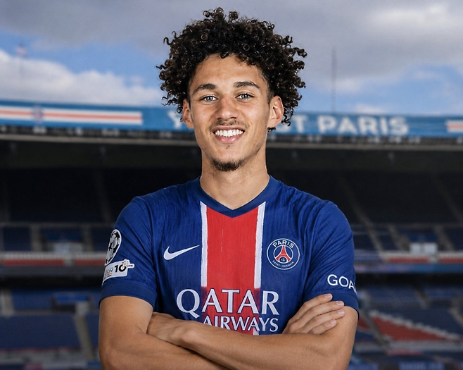 27일 아클리우슈의 PSG 이적설을 다룬 아우나 기자. 사진은 PSG 유니폼을 입은 아클리우슈의 합성 사진. 사진=아우나 SNS