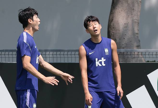 한국 축구 국가대표팀 주장 손흥민을 비롯한 선수들이 27일(현지시간) 멕시코 과달라하라 인근 사포판 치바스 바예 베르데 훈련장에 마련된 베이스캠프에서 훈련을 하고 있다. 사진=뉴스1