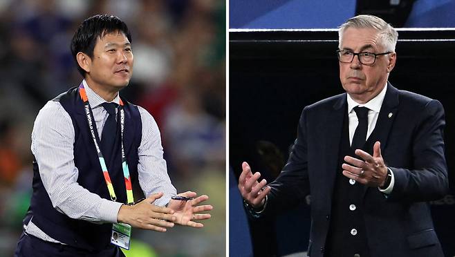 (COMBO) This combination of file photos created on June 27, 2026, Japan's head coach Hajime Moriyasu in Guadalupe, Mexico, on June 20, 2026 (L); and Brazil's Italian head coach Carlo Ancelotti in Philadelphia on June 19, 2026. Brazil and Japan will meet in a 2026 World Cup round of 32 football match at the Houston Stadium in Inglewood June 28, 2026. (Photo by Julio Cesar AGUILAR and Roberto SCHMIDT / AFP)  <저작권자(c) 연합뉴스, 무단 전재-재배포, AI 학습 및 활용 금지>