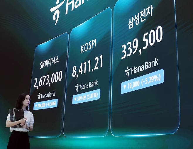 26일 오후 서울 중구 하나은행 본점 딜링룸에 종가 및 SK 하이닉스·삼성전자 주가가 나오고 있다./뉴스1