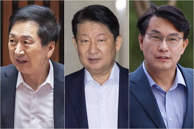 (왼쪽부터) 김기현 국민의힘 의원(울산 남구을), 권영진 국민의힘 의원(대구 달서구병), 윤상현 국민의힘 의원(인천 동구미추홀구을). 연합뉴스