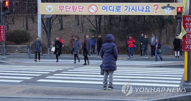 '무단횡단, 어디로 가시나요?' [연합뉴스 자료사진]