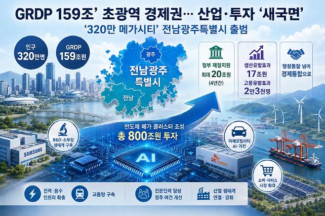전남광주통합특별시가 1일 공식 출범하면서 지역 경제도 본격적인 변화의 첫발을 내디뎠다. 인구 320만명, 지역내총생산(GRDP) 159조원 규모의 초광역 경제권이 출범한 데 이어 정부의 800조원 규모 메가 반도체 클러스터 조성 계획까지 더해지면서 산업과 투자시장 전반이 새로운 국면을 맞고 있다. /챗GPT 생성 이미지.