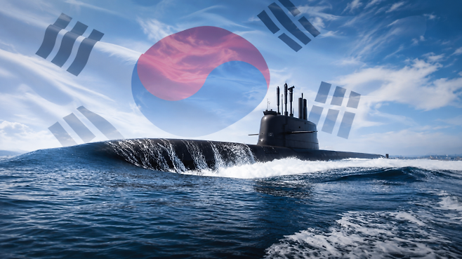 한화오션이 설계·건조한 3000t급 잠수함 도산안창호함을 바탕으로 제작한 이미지. 한화오션은 KSS-Ⅲ 계열 잠수함으로 캐나다 차기 잠수함 사업 수주전에 참여하고 있다. 한화오션·123rf 자료사진, 이미지 생성 AI 활용