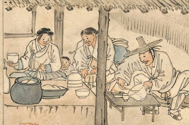 ‘우리들의 밥상’에 전시된 김홍도의 ‘주막’ 모습(부분).  다양한 모양의 그릇이 보인다. 사진 제공=국립중앙박물관