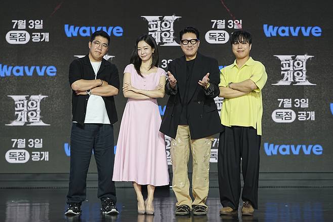 웨이브 예능 ‘피의 게임 X’에 출연하는 방송인 정근우(왼쪽부터), 박지민, 이상민, 이태균이 1일 온라인 생중계 형식으로 열린 프로그램 제작발표회에 참석해 포즈를 취하고 있다. 웨이브