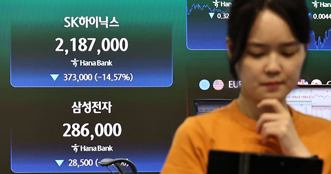 2일 서울 중구 하나은행 본점 딜링룸 현황판에 삼성전자·SK하이닉스 종가 등이 표시돼 있다. ⓒ연합뉴스