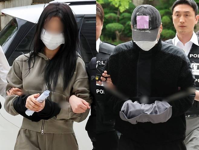 축구 국가대표팀 주장 손흥민을 상대로 돈을 받아낸 혐의로 재판에 넘겨진 양모씨(왼쪽·20대 여성)와 용모씨(40대 남성)가 지난해 5월17일 서울 서초구 서울중앙지방법원에서 열린 구속 전 피의자심문(영장심사)에 출석하고 있다. /사진=뉴스1