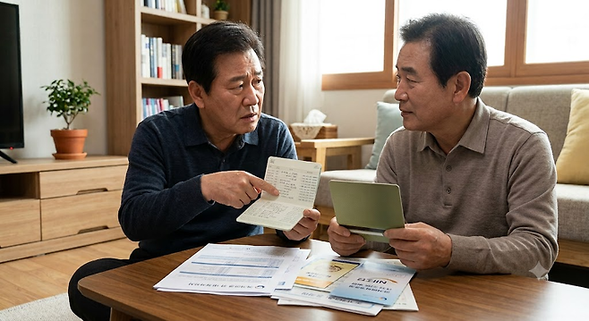 이상하(가명) 씨와 김재순(가명) 씨는 똑같이 국민연금 120만원에 월 300만원씩 노후자금을 마련했지만, 통장에 찍힌 돈은 327만원과 395만원으로 갈렸다. 매달 벌어지는 돈의 차이는 어디서 시작된 걸까. [제미나이를 이용해 제작함]