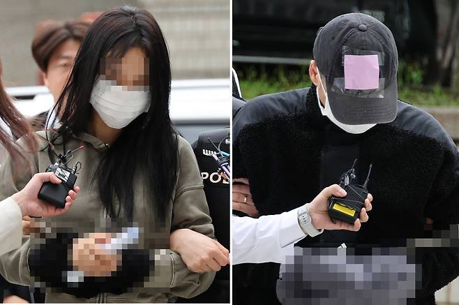 축구 국가대표팀 주장 손흥민의 아이를 임신했다고 주장하며 손씨에게 돈을 뜯어내려 한 20대 여성 양모씨(왼쪽)와 40대 남성 용모씨가 지난해 6월 영장심사를 받기 위해 서울중앙지법에 들어서고 있다. [연합]