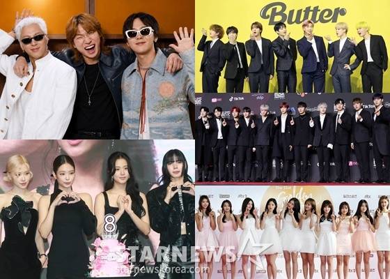 (시계방향) 빅뱅, 방탄소년단, 워너원, 아이오아이, 블랙핑크/사진=챗 GPT 활용 AI 이미지(빅뱅), 스타뉴스