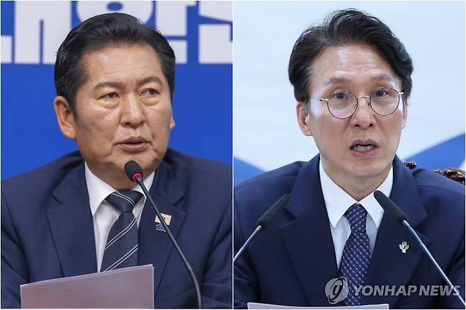 더불어민주당 정청래 대표(왼쪽)와 김민석 국무총리 [촬영 황광모 안정원]