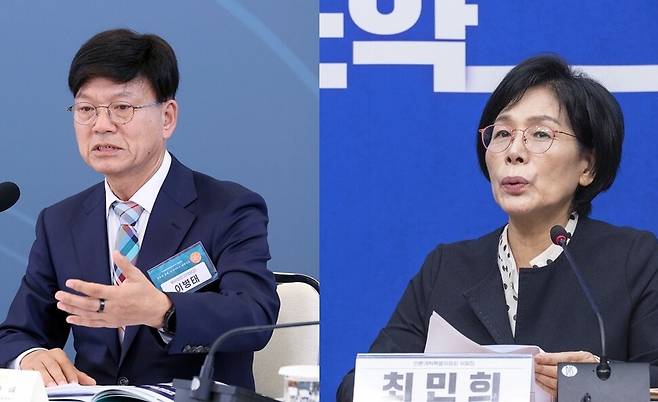이병태 규제합리화위원회 부위원장(왼쪽) 최민희 더불어민주당 의원. 청와대사진기자단, 연합뉴스