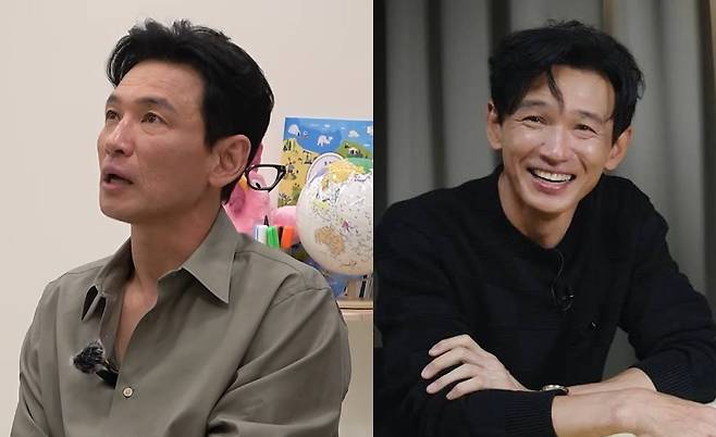최근 매거진 공식 영상(오른쪽)에서 달라진 피부톤과 날렵한 외모로 화제가 된 배우 황정민이 "화장한 것"이라고 밝혔다. /사진=유튜브 채널 '뜬뜬' '엘르 코리아' 갈무리