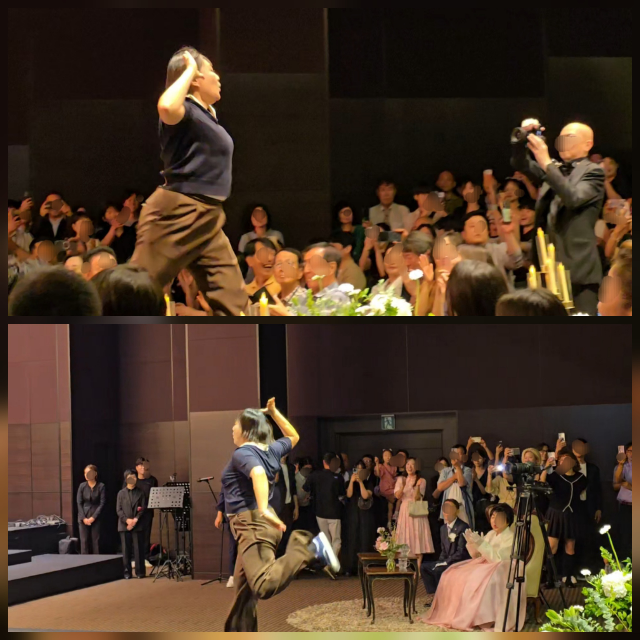 Comedian Park Eun-young tied the knot with a non-celebrity businessman five years her junior on the 5th at the Yeouido Wedding Convention Center in Yeongdeungpo-gu, Seoul. The wedding featured a surprise dance performance by fellow comedian Lee Soo-ji and a humorous entrance by the groom, which had the guests in stitches.Lee Soo-ji danced down the aisle to Psys song Celebrity, and upon seeing this, the groom followed the same path while dancing as he made his entrance, further energizing the atmosphere. Park Seong-ho, who read the marriage vows, appeared dressed as a traditional scholar and delivered a witty congratulatory performance, while Park Eun-young responded with a dance to the grooms surprise proposal, keeping the atmosphere lighthearted throughout the event.Singer Yumi and comedian Song Pil-geun performed a congratulatory song to bless the couples future, and many fellow comedians, including the married couple Kim Won-hyo and Shim Jin-hwa, attended to add to the festivities. Park Eun-young had previously announced her wedding news on social media, expressing her affection for her fiancé.