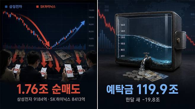 삼성전자와 SK하이닉스 주가가 급락 뒤 반등하자 개인 투자자들이 두 종목을 1조7597억원어치 순매도했다. 오른쪽은 한 달 새 약 20조원 줄어든 투자자예탁금을 형상화한 이미지. ChatGPT 생성 이미지