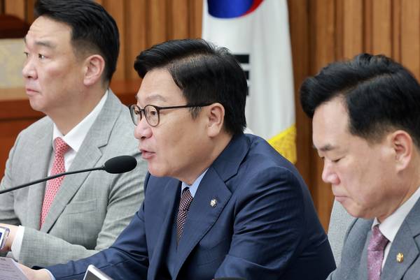 국민의힘 정점식 원내대표가 7일 국회에서 열린 원내대책회의에 참석해 발언하고 있다. /연합뉴스