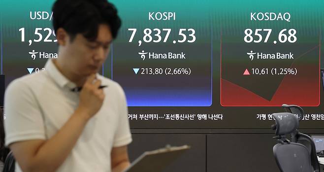 코스피가 장 초반 2% 넘게 내리며 7,800선으로 밀려난 7일 서울 중구 하나은행 본점 딜링룸에서 직원들이 업무를 보고 있다. / 사진=연합뉴스