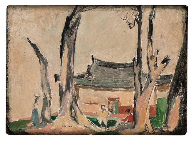 이인성, 풍경, oil on paper mounted on wooden board, 23.8×32.9cm, 1930s. 서울옥션