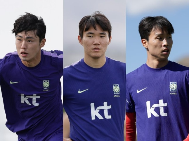 2026 아이치·나고야 아시안게임 남자축구 대표팀에 합류한 이기혁(왼쪽부터), 양현준, 엄지성. 대한축구협회 제공