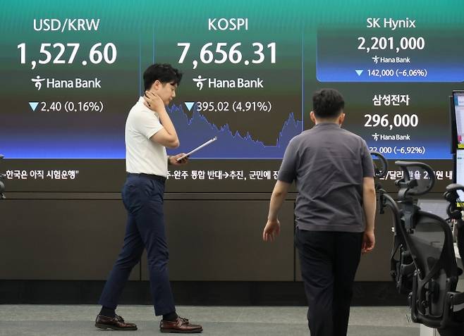코스피가 5% 가까이 급락한 7일 서울 중구 하나은행 딜링룸 현황판에 코스피 및 SK하이닉스, 삼성전자 종가가 표시돼있다. 이날 코스피는 전날보다 395.02포인트(4.91%) 내린 7,656.31, 코스닥 지수는 전날보다 15.84포인트(1.87%) 내린 831.23으로 마감했다. 2026.7.7 연합뉴스