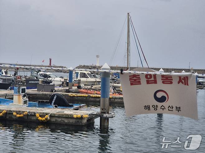 '안목이' 구조를 앞둔 10일 강원 강릉항 요트마리나에 해양수산부 출입통제 안내문이 붙어 있다.  2026.7.10/뉴스1 윤왕근 기자