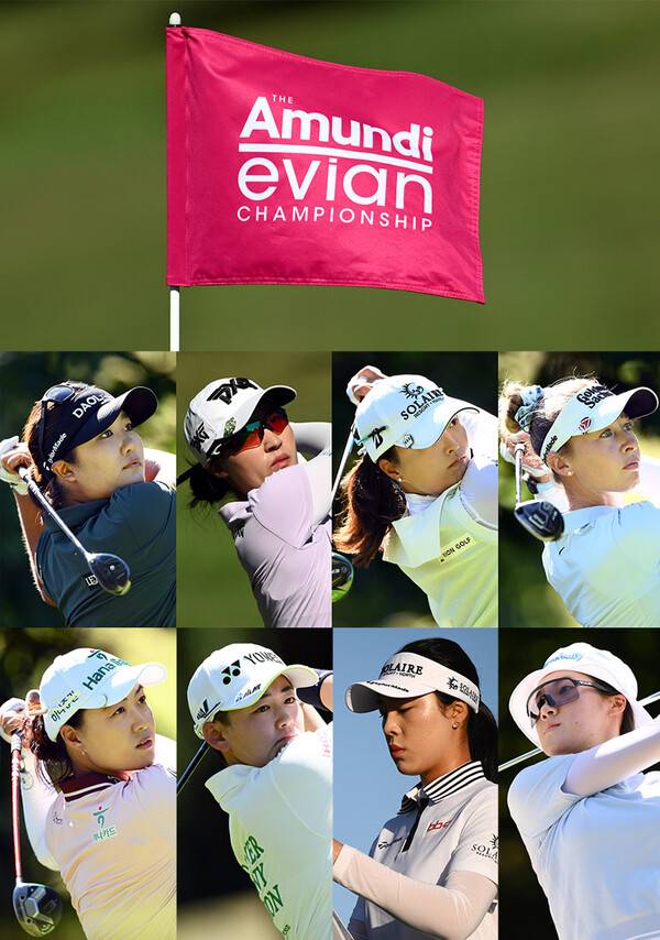 김효주, 최혜진, 황유민, 임진희, 이소미, 양희영 프로 등이 출전한 2026년 미국여자프로골프(LPGA) 투어 메이저 골프대회 아문디 에비앙 챔피언십에서 유해란, 강민지, 고진영, 넬리 코다, 이민지, 이와이 아키에, 윤이나, 양윤서가 경기하는 모습이다. 사진제공=MILLEREAU Philippe_아문디 에비앙 챔피언십 2026