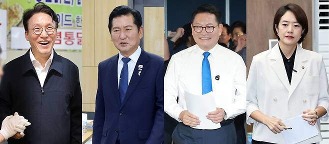 더불어민주당 8·17 전당대회 출마를 선언한 당권주자들. 왼쪽부터 8일 목포 동부시장을 방문한 김민석 전 총리, 국회 의원회관에서 열린 정책토론회에 참석한 정청래 전 대표, 당사에서 출마 선언을 한 송영길 의원, 국회 소통관에서 출마 선언을 한 고민정 의원. 연합뉴스
