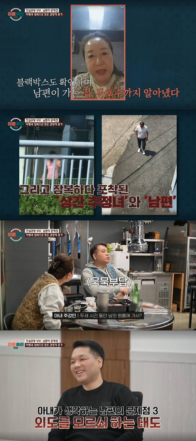 A husband who appeared on JTBCs Divorce Reflection Camp is in conflict with his wife after denying an affair, even though he spent seven hours at a married womans home. The wife expressed a strong sense of betrayal, claiming that her husband did not genuinely help the woman but rather took advantage of her.