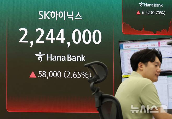 [서울=뉴시스] 김금보 기자 = SK하이닉스가 ADR 공모가격을 주당 149달러로 확정 공시한 10일 오전 서울 중구 하나은행 딜링룸 전광판에 SK하이닉스 주가가 표시되고 있다. 2026.07.10. kgb@newsis.com