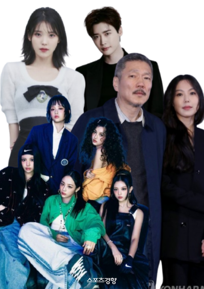 (왼쪽위부터 시계뱡항으로)아이유·이종석·홍상수·김민희·뉴진스. 사진=이담엔터테인먼트,에이스팩토리, 연합뉴스, 어도어 제공.
