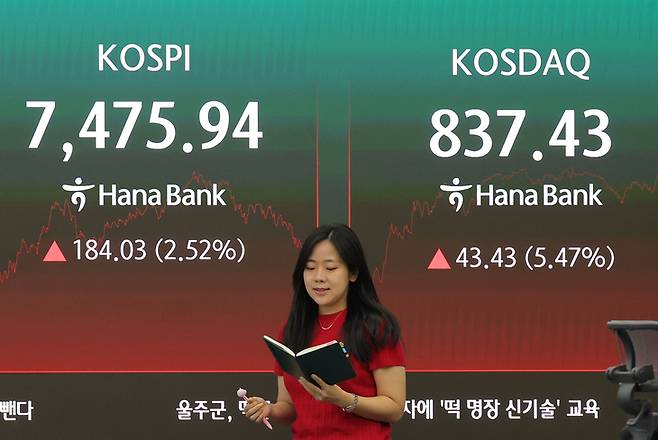 ▲서울 중구 하나은행 딜링룸에 지난 10일 지수가 표시되고 있다.