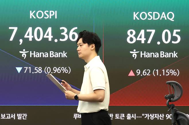 13일 오전 서울 중구 하나은행 딜링룸 전광판에 코스피 지수와 원달러 환율이 표시되고 있다. 뉴스1