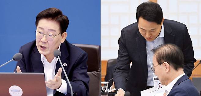 이재명 대통령이 14일 청와대에서 열린 국무회의에서 발언하고 있다(왼쪽 사진). 오른쪽 사진은 오세훈 서울시장이 이날 국무회의에 참석해 ‘부동산시장 이슈 분석 및 대정부 건의사항’ 자료를 김윤덕 국토교통부 장관에게 전달하는 모습. 김지훈 기자