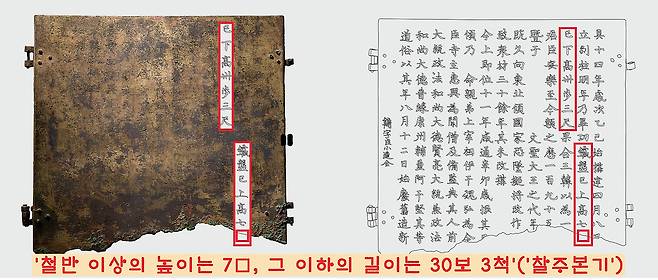‘찰주본기’는 “9층 목탑은 철반 이상은 높이가 7□이고 이하의 길이는 30보 3척”(鐵盤已上高七▨已下高삽步三尺)이라 했다. 7자 다음이 보이지 않는다. 이기환 제공