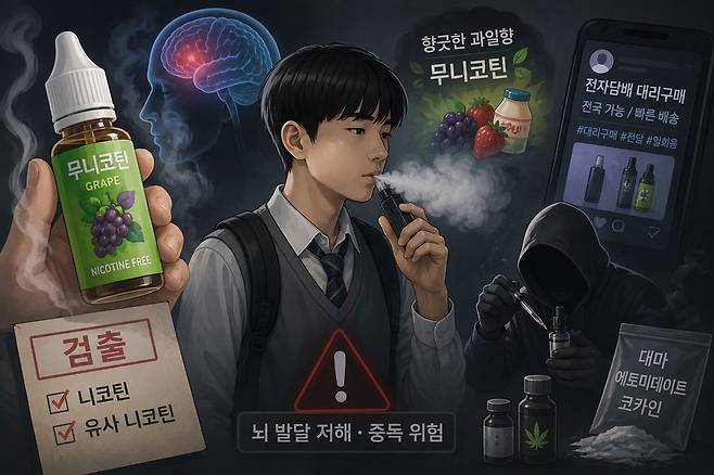무니코틴을 표방하는 전자담배 일부에서 니코틴과 유사 니코틴이 검출된 바 있다. 여기에, 전자담배 기기가 마약류 흡입 수단으로 악용되는 사례까지 잇달아 발생하며 청소년의 불법 약물 접근성을 높인다는 우려가 제기된다. /사진=챗GPT 생성 이미지