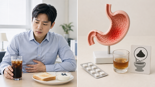 빈속에 커피를 마신 뒤 복부 불편감을 느끼는 직장인과 위염의 주요 원인으로 꼽히는 진통소염제·과음을 표현한 이미지. ChatGPT 생성